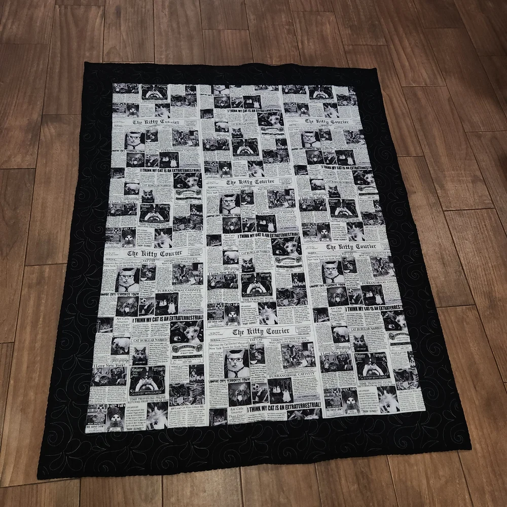 Handmade cat lady cat Black and White Newsprint Quilt 59